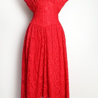 80's Red Lace CLIMAX Evening Party Prom Dress, Vintage Fit & Flare 1970's, Full Skirt, 1980's Holiday Gown Midi dress 