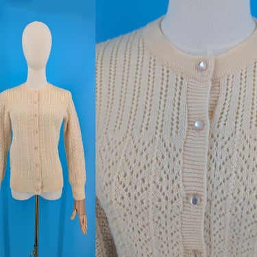 Vintage 70s British Vouge Butter Yellow Acrylic Knit Cardigan Sweater with Moonstone Buttons - XS 