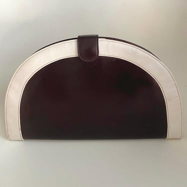 Antique Art Deco Geometric Brown and Cream Leather Clutch handbag purse by BakeliteBa