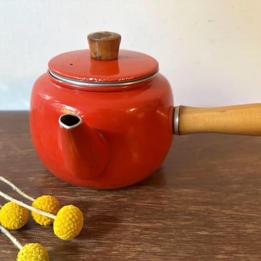 Vintage Red Enamel Aluminum Teapot w Metal Strainer, Wooden Side Handle & Top | MCM Tea Coffee Kettle Pot | Farmhouse Cottage Pour Over Brew 