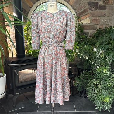 Vintage 1970s Muted Blue Green and Maroon Floral Polyester Belted Dress California Looks 