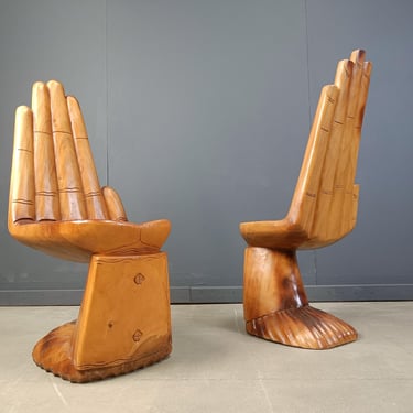 Pair of teak hand shaped chairs, 1970s - vintage wooden hand chairs - mid centur chairs - sculpted chairs 