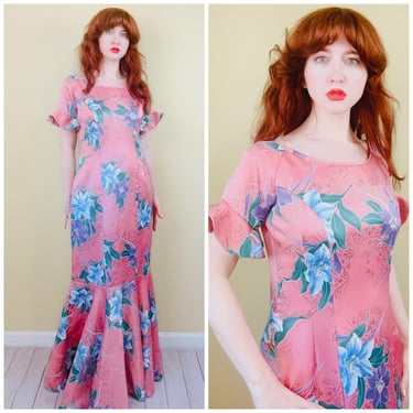 1980s Vintage Paradise Hawaii Pink Floral Mermaid Dress / 80s Sateen Poly Maxi Gown. Size Large - XL 