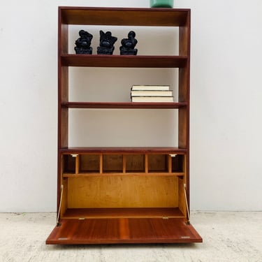 Midcentury Wood Bookcase With Drop Down Cabinet Storage