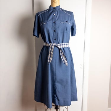 Vintage 1970s Gray-Blue Shirtwaist Day Dress with Plaid Trim - Size Medium 