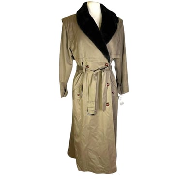 Vintage 90s 80s Together Real Fur Collar USA Made Mocha Brown Trench Coat NWT Deadstock Womens Size 8 