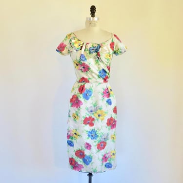 1950's Peggy Hunt Floral Print Silk Sheath Wiggle Dress Pin Up 50's Spring Summer Size 8 Medium 
