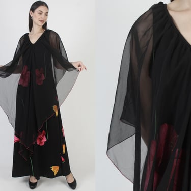 Vintage Black Chiffon Disco Dress, Floral Evening Gown, 70s Cocktail Party Maxi 