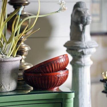 Vintage Woven Bamboo Lacquer Bowls | Red Asian Basket Weave Decor Set 