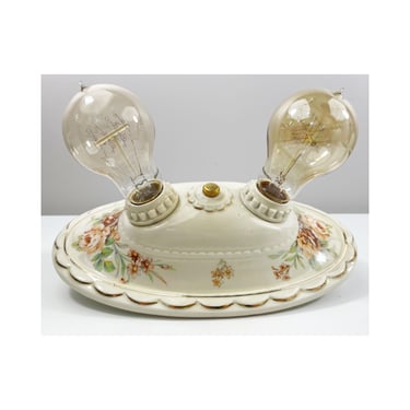 Refurbished Antique Porcelier Dual Light Flush Mount Ceiling Fixture - Peach Rose Florals - 1930's Art Deco Period 