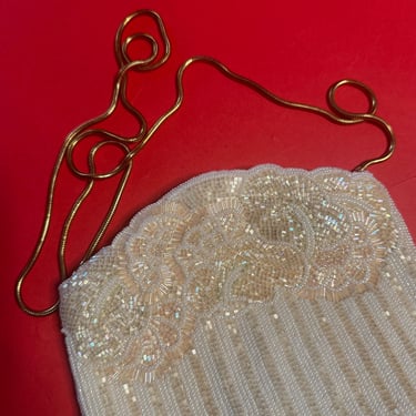 White Beaded Vintage Clutch with Original Box – Hand-Sewn Sequins, Beads, Brass Handle – 1950s Romantic Evening Style 