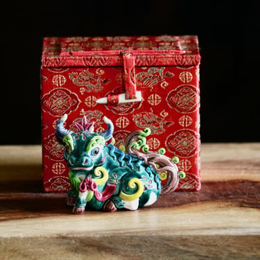 Vintage Cochin Ceramic Bull Figurine, Elegant Chinoiserie, Exclusive Ornate Taiwanese Workmanship Figure, Good Luck Steer In Original Box 