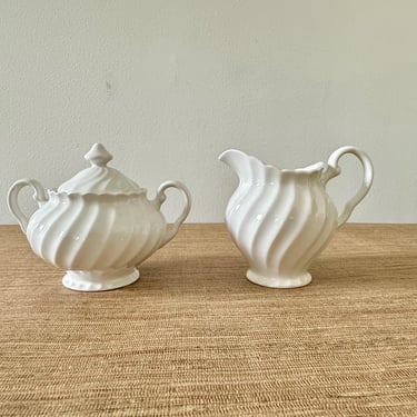 English Johnson Brothers Regency White Swirl Cream and Sugar Set 