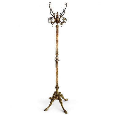 Vintage Italian Brass & Marble Coat Rack, Rotating Crown Hall Tree, Ornate Four Leg Base, Luxury Entryway Stand 