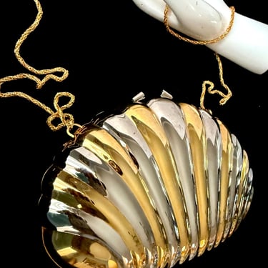 Clam Shell Style Metal Clutch, Optional Chain Strap Crossbody, 2-Tone Metallic Purse, Vintage 