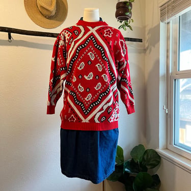 Vintage 90s Hand Knit Bandana Western Print Pullover Sweater Size Medium 