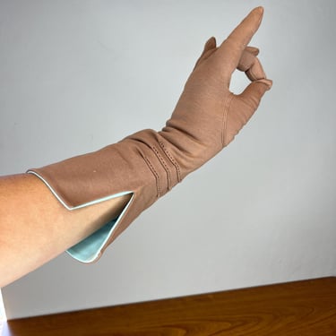 Graceful Cuffs - Vintage 1951 Christian Dior Brown & Aqua Blue Gauntlet Gloves 6 1/2 