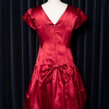 1980s Red Satin Bubble Hem Drop Waist Dress with Back Bow 