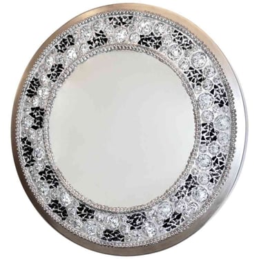 Contemporary Italian Lit Black & Clear Rock Crystal Nickel Round Wall Mirror