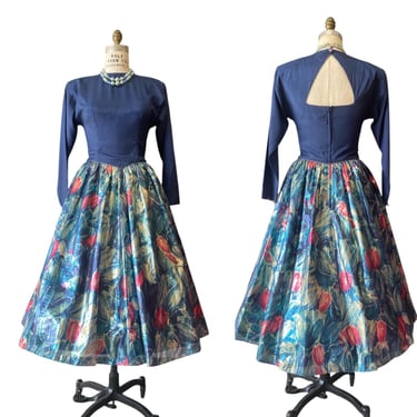 vintage 1980s navy blue floarl lurex metallic fit and flare prom dress open back 