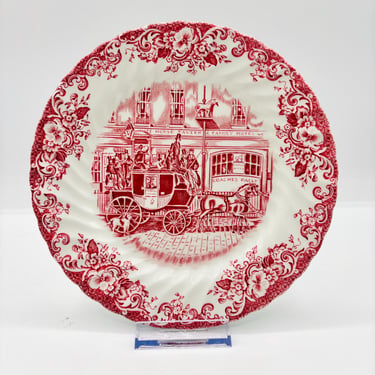 Vintage Johnson Bros Pink Transferware Ironstone Coaching Scenes Red and White Luncheon Plates by LeChalet