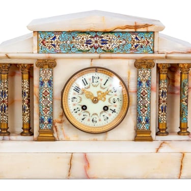 French Alabaster and Champleve Enamel Mantel Clock