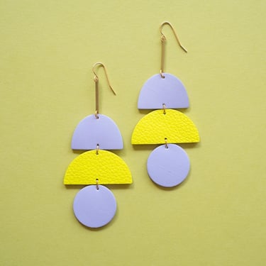 Big Scoop Tiered Leather Statement Earrings in Purple + Yellow 
