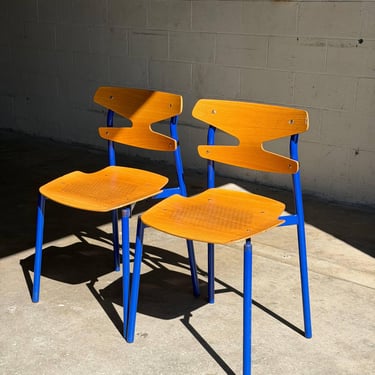 Bentwood Stacking Chairs Pair with Blue Metal Frames Mid-Century Modern 1970s 