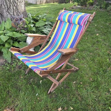 Vintage Metal Stiped Fabric Folding Garden/Lawn/Beach Lounge Sling Chair 