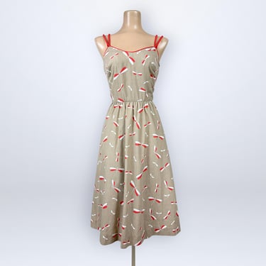 Vintage 80s Jenni Novelty Dragonfly Print Dress Red Strap Sun Dress Pockets VFG 