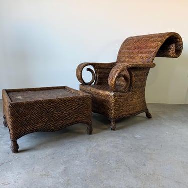 Vintage Coastal Organic Sculptural Tall Roll-Back Rattan Lounge Chair with Ottoman 