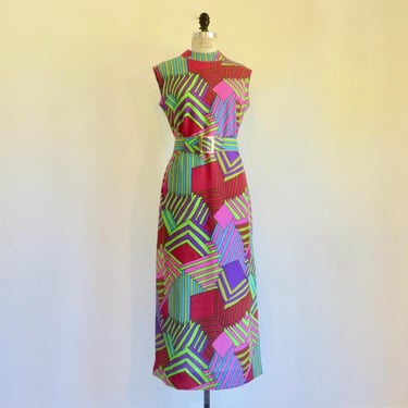 1970's Multicolor Knit Maxi Dress Psychedelic Print Sleeveless Paul of California Size Medium 
