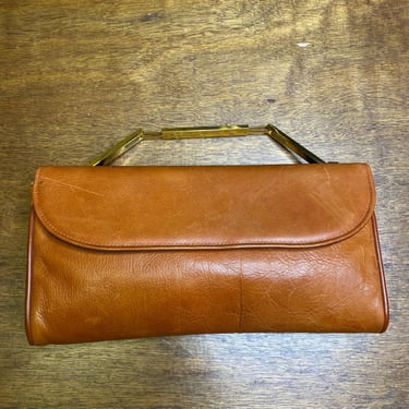 Vintage Tan Leather Clutch Purse with Gold   Handle 