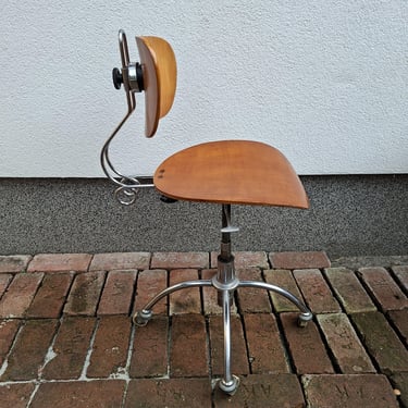 Vintage Böhler Original Swivel Desk Chair, 1950s Mid-Century Adjustable Plywood Chrome German Design 