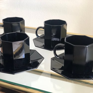 Vintage Black Arcoroc Octime Espresso Coffee Cup Mugs & Saucer Plate Set 