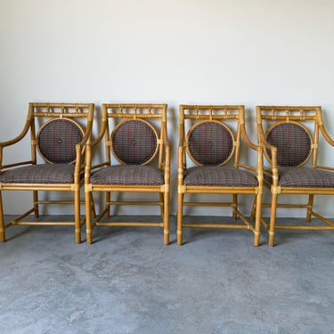 Vintage McGuire Style Bamboo & Leather Wrap Dining Arm Chairs – Set of 4 