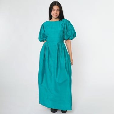 Vintage Teal Puff Sleeve Gown 80s Silk Dupioni Style Formal Dress 1980s Evening Maxi Low Back Full Skirt Pockets Extra Small xs 
