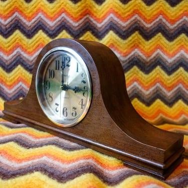 Vintage Art Deco Style Mantle Clock: Faux Wood and Brass Analog 70s Home Decor 