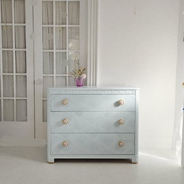 Vintage art deco dresser, light blue bureau, boho India style, ethereal pastel confection,scalloped dresser nj nyc 