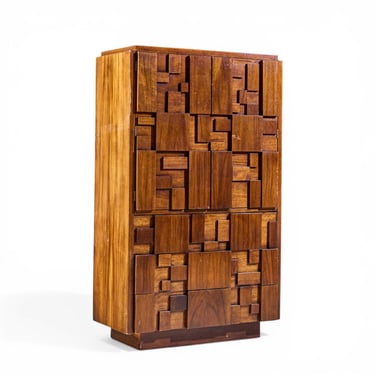 Lane Staccato Brutalist Mid Century Walnut Highboy Armoire Dresser - mcm 