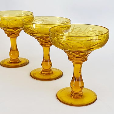 Vintage Uranium Glass Glassware. Amber Vaseline Cocktail Glasses | 1930s John Walsh Georgian Stemware | Rare Collectible Bar Drinkware 