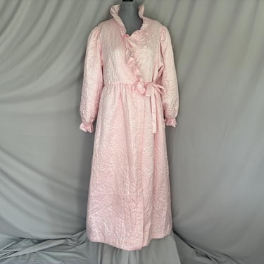 Pink quilted satin robe with ruffled cuffs and collar, vintage satin dressing gown, long blue womens robe, size medium 