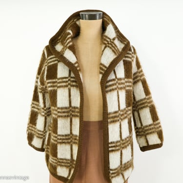 1960s Brown Plaid Mohair Cardigan | Vintage Plaid Wool Sweater, Large 