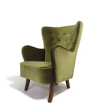 1950s Danish High-Back Lounge Chair in Original Green Mohair