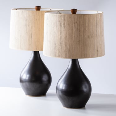 Martz / Marshall Studios Model #101 Ceramic Pottery Table Lamp Pair — Gunmetal Black Glaze — Vintage + Mid Century Modern 