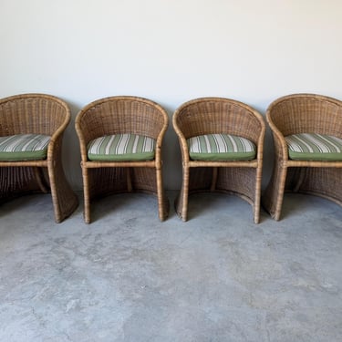 1970’s Vintage Coastal Organic Woven Wicker Barrel Back Dining Chairs – Set of 4 