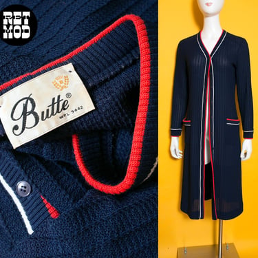 Chic Vintage 60s 70s Navy Blue Sweater Dress OR Long Cardigan with Red & White Trim by Butte Knit 
