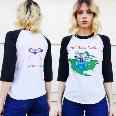 Vintage 1982 Yes 90125 Album Band Tour Black + White 3/4 Sleeve Raglan Tee T-Shirt S 