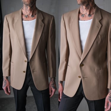 Vintage 70s Christian Dior Tan Two Button Patch Pocket Blazer w/ CD Logo Buttons & Logo Lining | Made in USA | 1970s DIOR Designer Jacket 