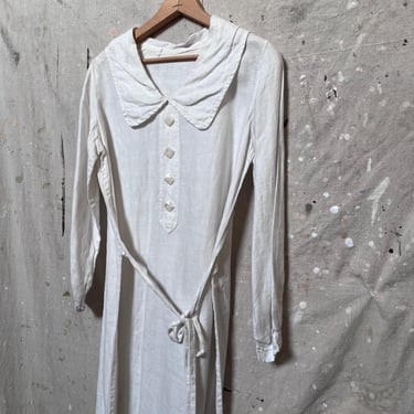 XS S 1920s Long Sleeve White Cotton-Linen Dress Large Collar Abalone Shell Buttons 20s 30s 1930s 